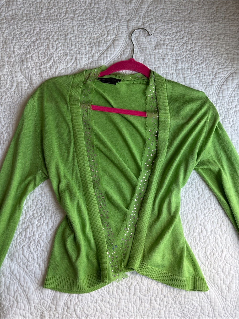 Vintage Silk Green Embellished Open-Front Women's Sweater